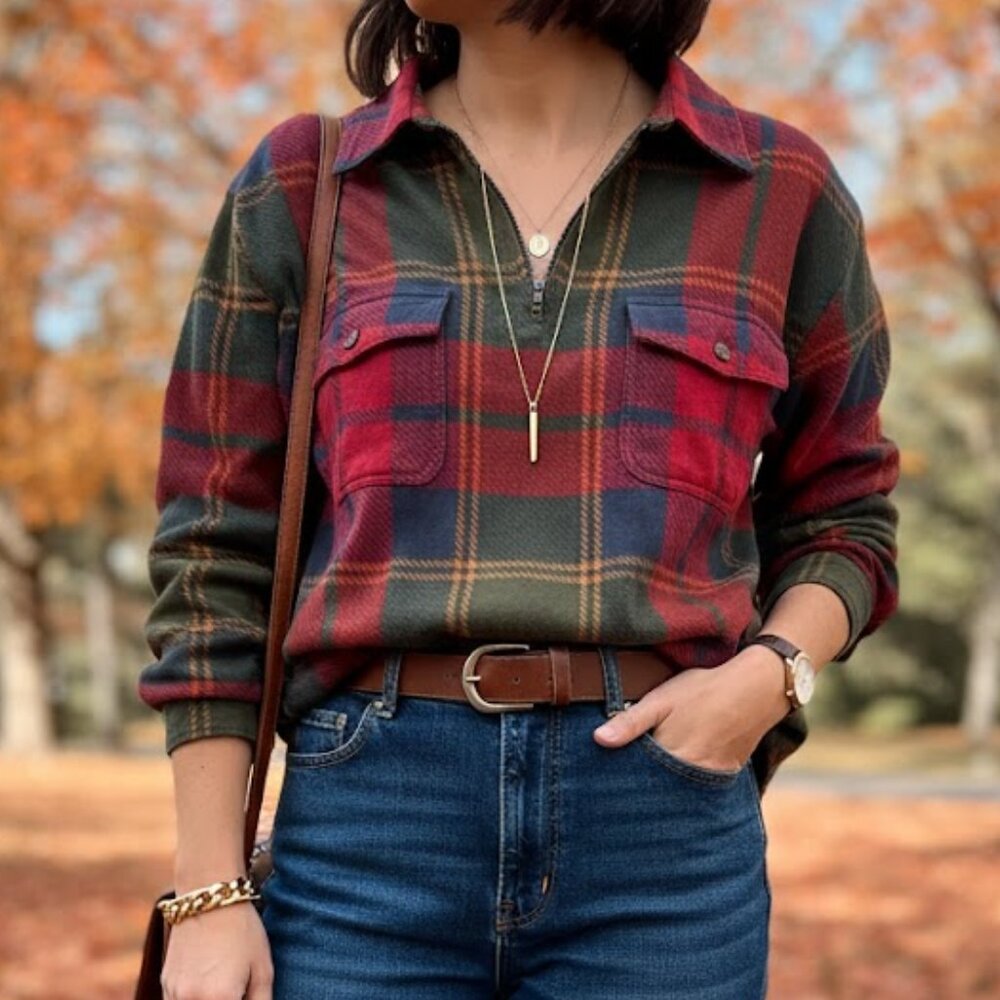 Jones New York Sport Vintage 90s Plaid Fleece Half Zip Pullover Fall Medium